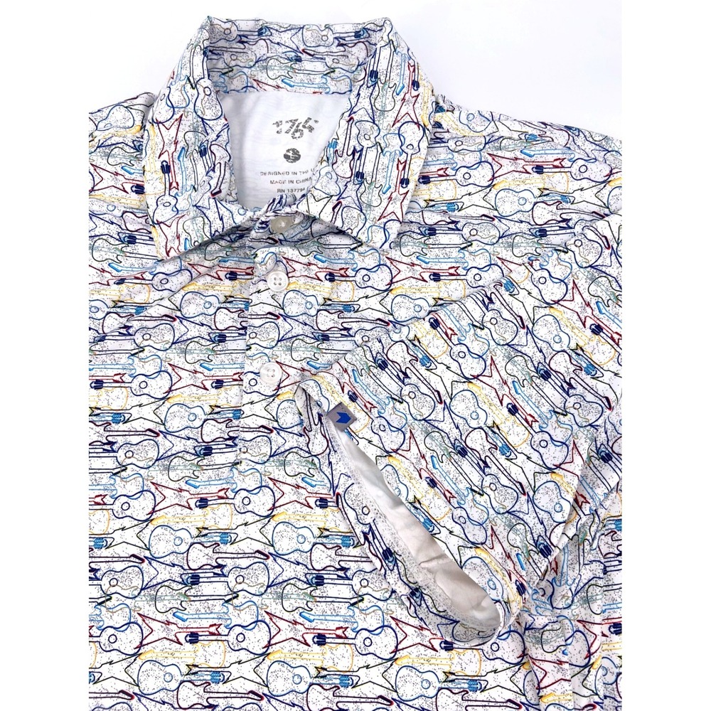 1764 Golf Mens Large Polo Shirt White Guitar Graphic Print Performance Short Slv